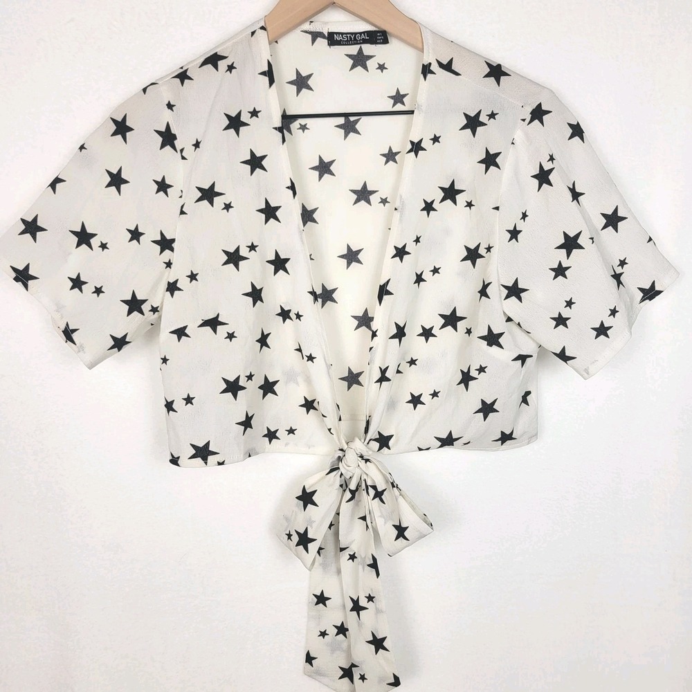 Nasty‎ Gal Out Of Space Star Crop Top 8 Sheer Tie Front Y2K Celestial Festival